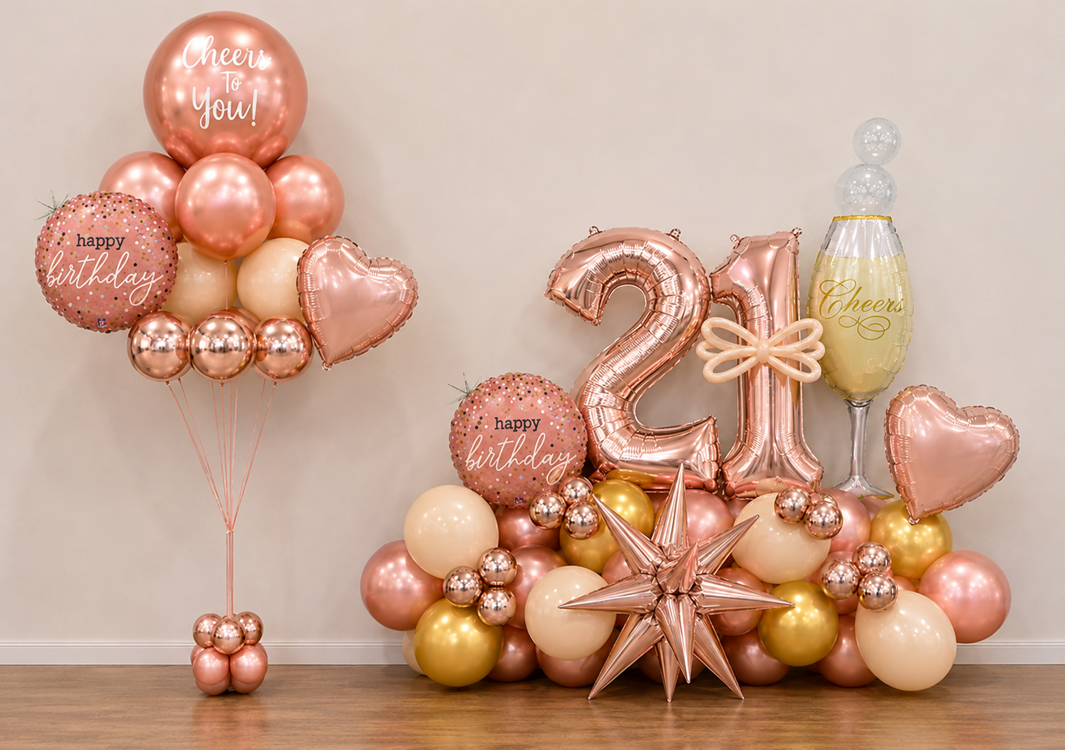 Rose Gold Marquis Balloon Sculpture with Small Bouquet