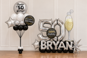 Black and White Marquis Balloon Sculpture with Small Bouquet