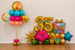 California Vibes Marquis Balloon Sculpture with Small Bouquet